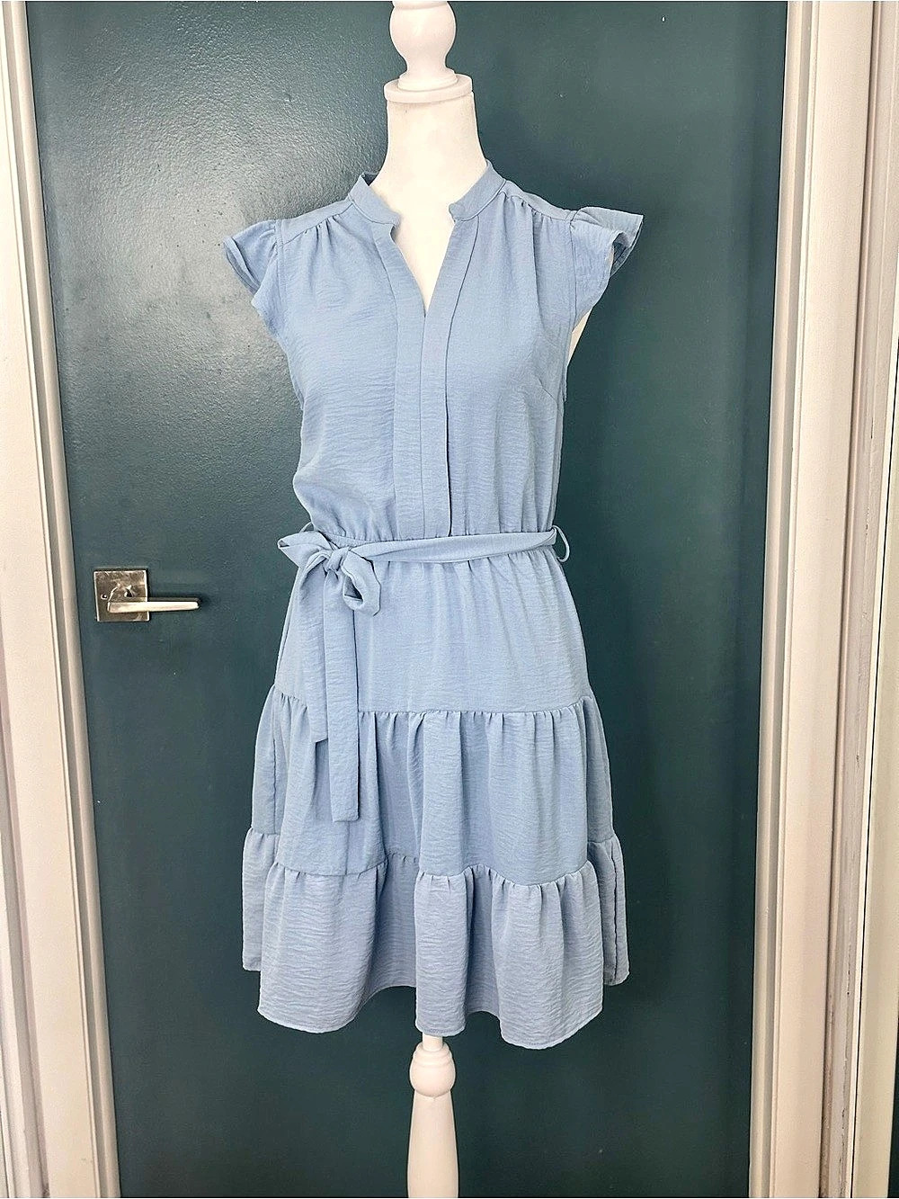 🌺Monte su Los Ángeles Mock Neck Tiered Ruffle Mini Dress Blue🌺